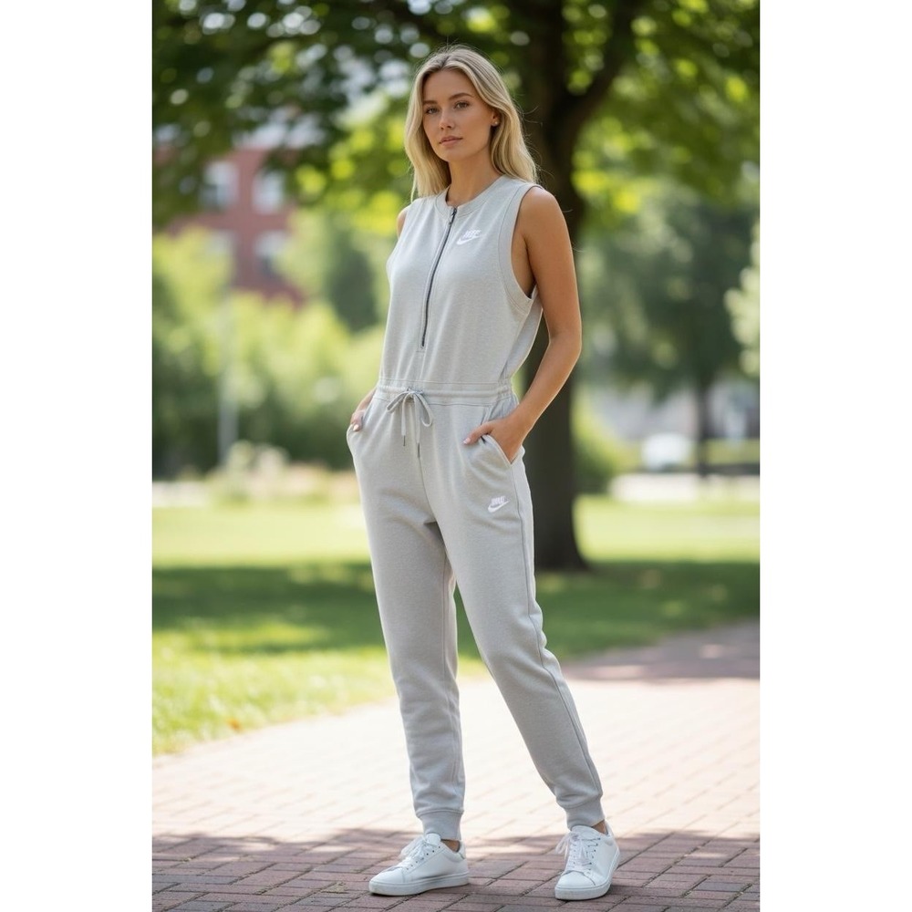 Nike Sportswear Club French Terry Romper Zipper Front Drawstring Waist White L